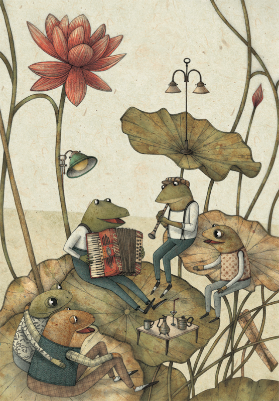 illustrazione tratta da la regina delle rane, albo illustrato da Marco Somà scritto da davide cali edito da kite edizioni